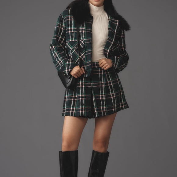 Anthropologie’s Brand Maeve Green Plaid Jacket with fur collar - Picture 4 of 9